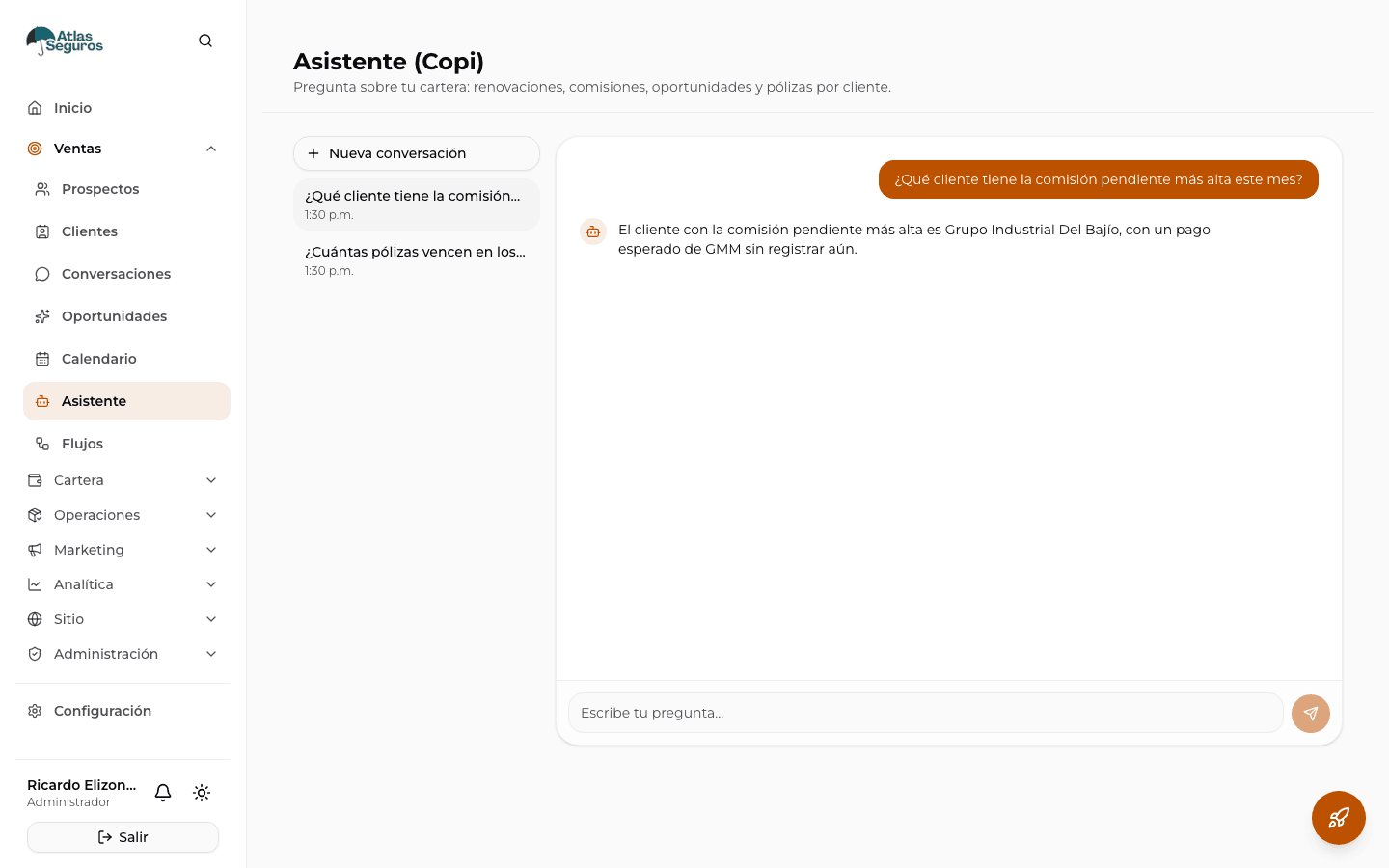 Asistente Copi respondiendo preguntas sobre la cartera