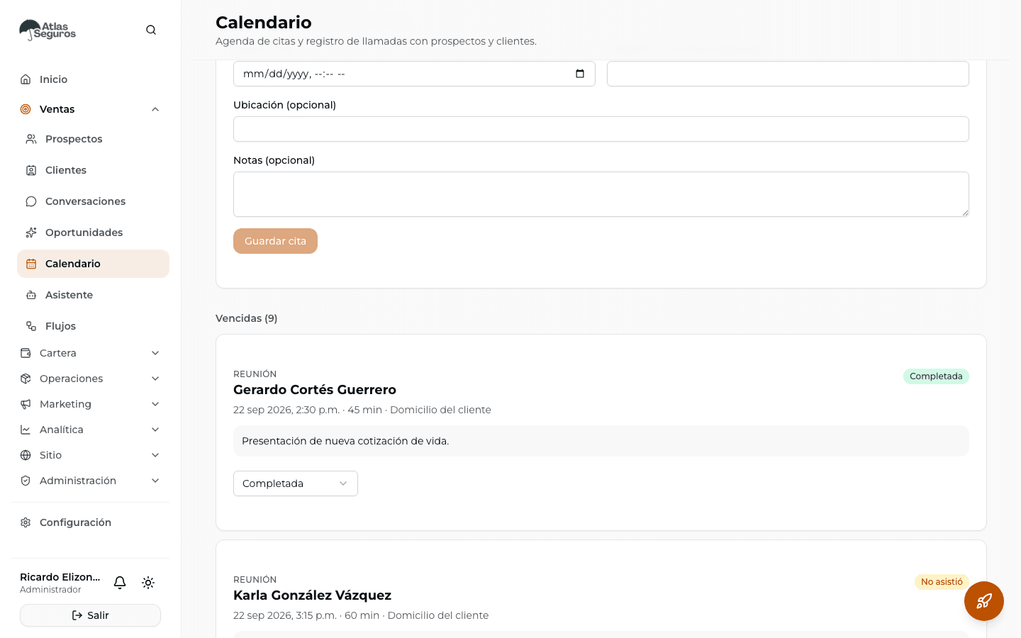 Panel de calendario en Copi