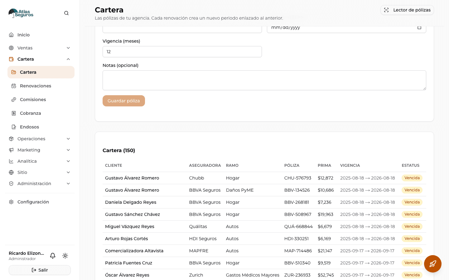 Panel de cartera de pólizas en Copi