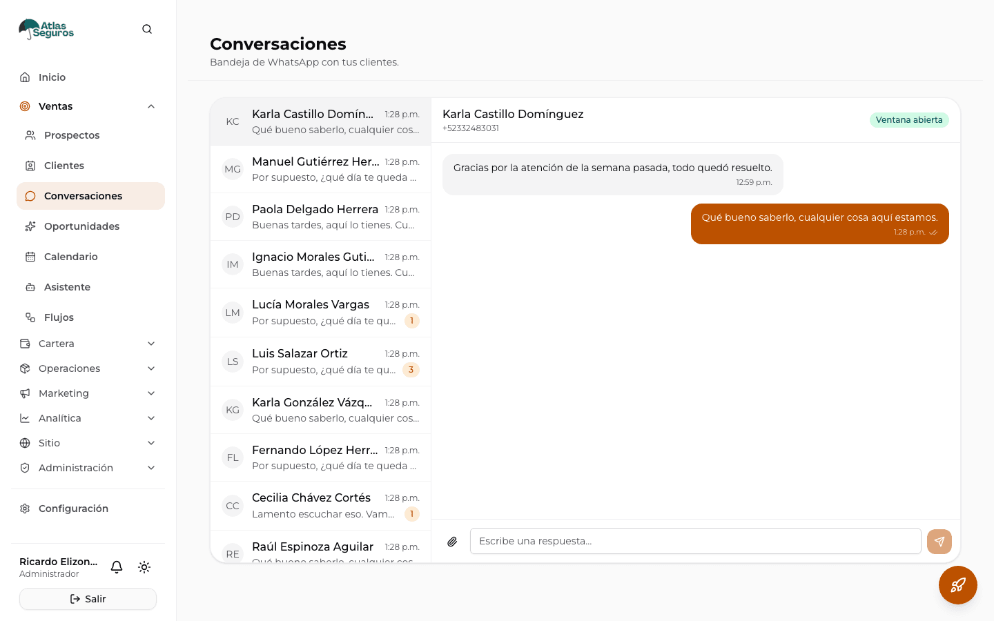 Bandeja de conversaciones de WhatsApp en Copi